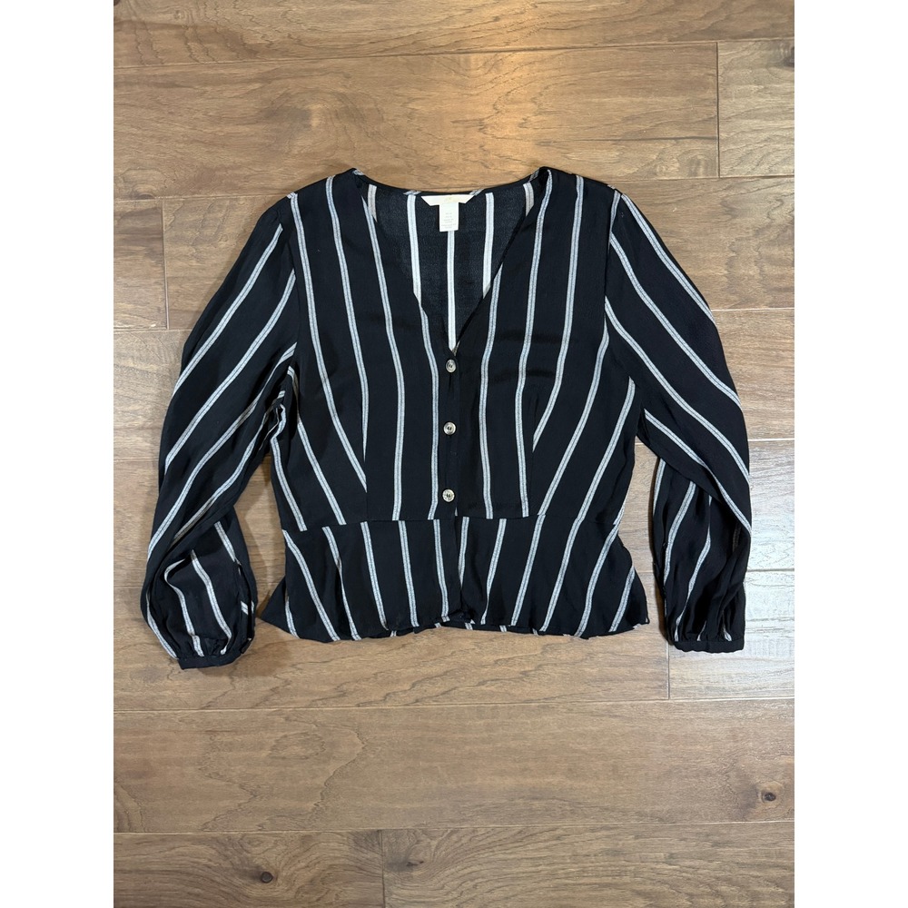 HM Black White Striped V-Neck Button Front Peplum Long Sleeve Blouse Size 12